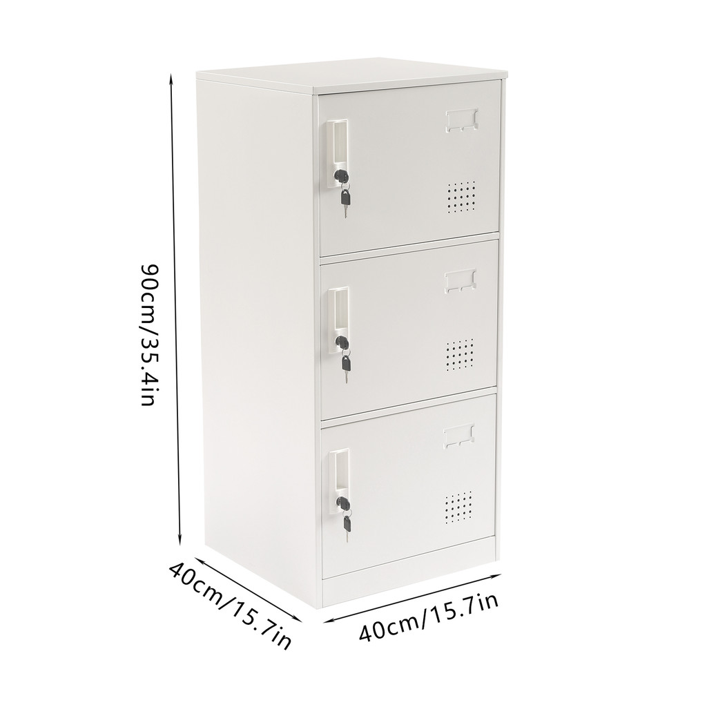 White 3-drawer filing cabinet with dimensions 90 cm tall and 40 cm wide